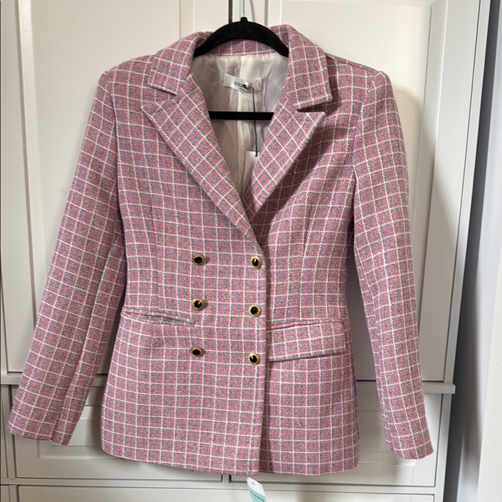 Pink and White Plaid Tailored Blazer
